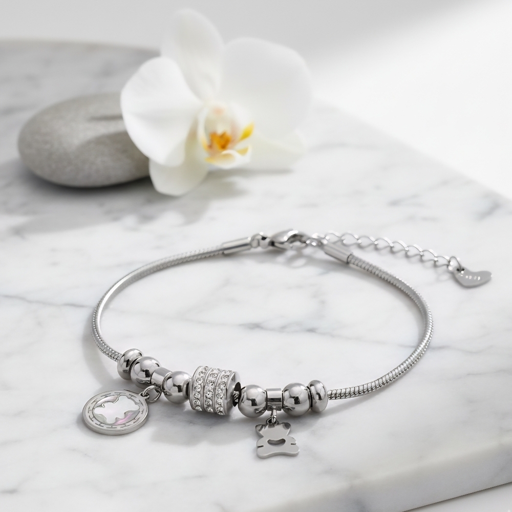 18K White Gold Plated Bear Charm Bracelet Rhinestone Beads Trendy Gift Jewelry - Picture 7 of 13